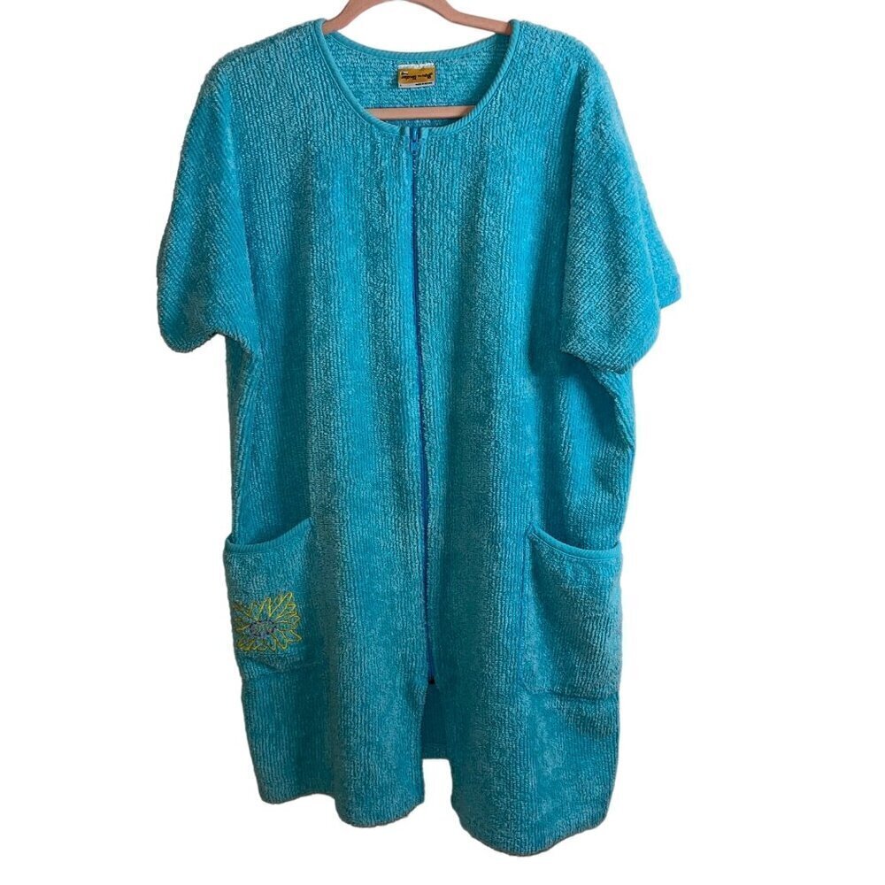 Down Under Vintage Womens Robe Size Large Blue Chenille Short Sleeve Pure Cotton